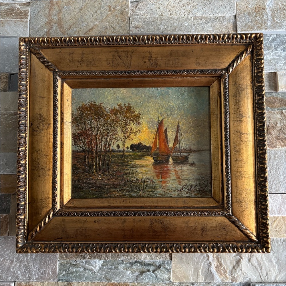 R Hall Framed 8”x10” Sailboat Landscape Oil Painting